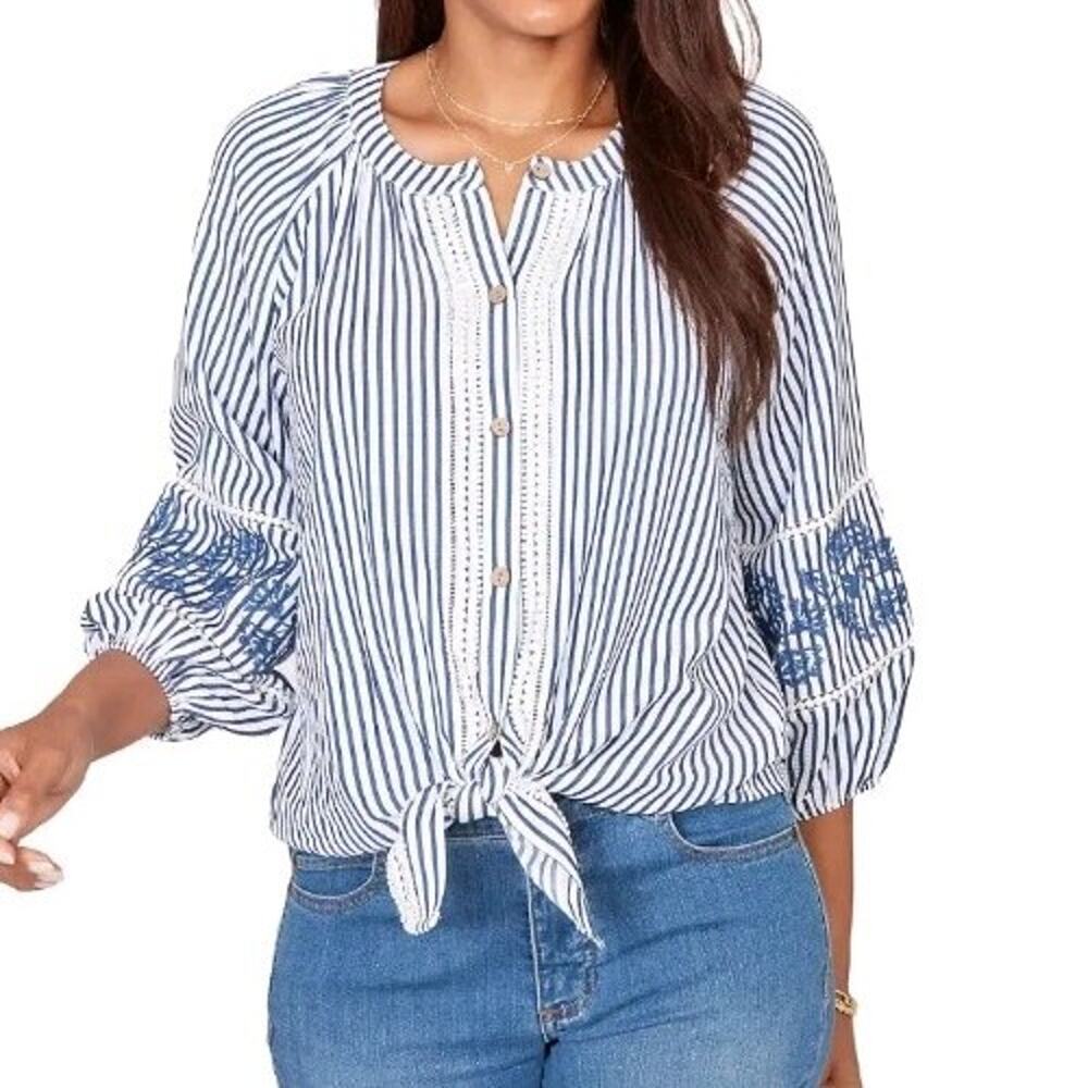 Ruby Rd NWT Seersucker Embroidered Tie-Front Henley Blouse Top Blue White 2X